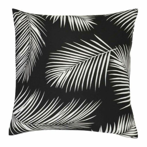 A water resistant black and white outdoor cushion cover that has a beautiful palm tree leaf print.