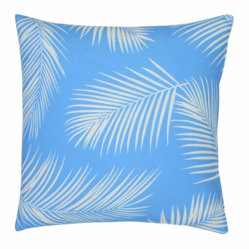 A water resistant blue outdoor cushion cover that has a beautiful palm tree leaf print.