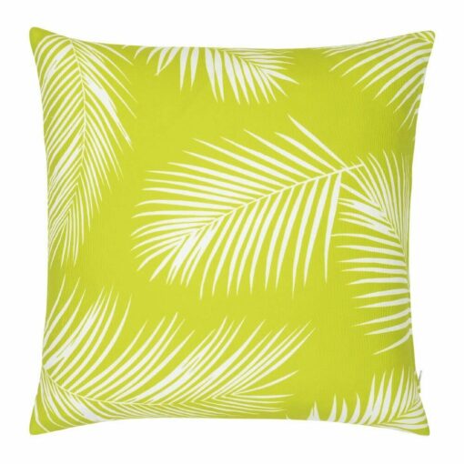 A lovely outdoor cushion with palm tree green print on a white background.