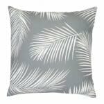 A water resistant grey outdoor cushion cover that has a beautiful palm tree leaf print.