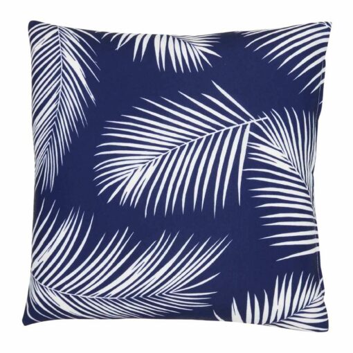 A water resistant navy outdoor cushion cover that has a beautiful palm tree leaf print.