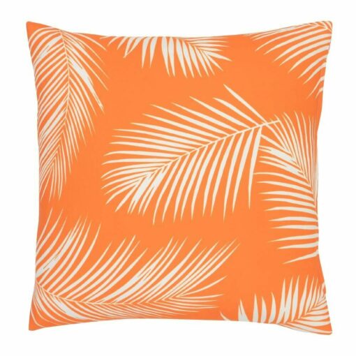 A water resistant orange outdoor cushion cover that has a beautiful palm tree leaf print.