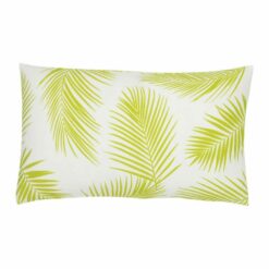 A water resistant green outdoor cushion cover that has a beautiful palm tree leaf print.