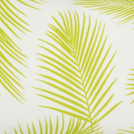 A close up of a water resistant green outdoor cushion cover that has a beautiful palm tree leaf print.