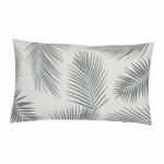 A lovely outdoor cushion with palm tree grey print on a white background.