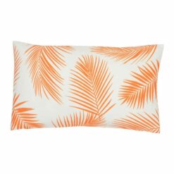 A lovely outdoor cushion with palm tree orange print on a white background.