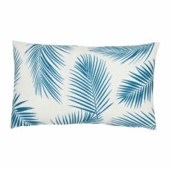 A lovely outdoor cushion with palm tree teal print on a white background.
