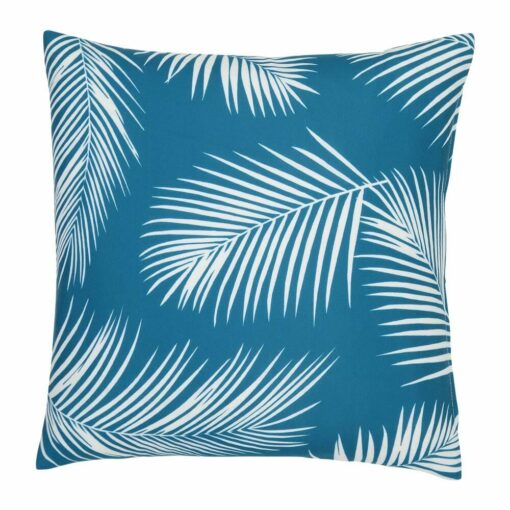 A water resistant teal outdoor cushion cover that has a beautiful palm tree leaf print.