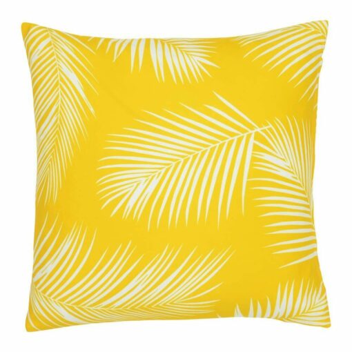 A water resistant yellow outdoor cushion cover that has a beautiful palm tree leaf print.
