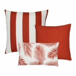 An image of a striped red outdoor cushion, a plain red outdoor cushion and a single red rectangular botanical design outdoor cushion.