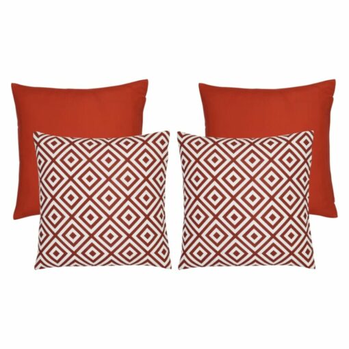 An image of two plain red outdoor cushions and two red geometric design outdoor cushions.