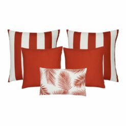 A set of five outdoor cushions in red colours and striped, plain and botanical designs.