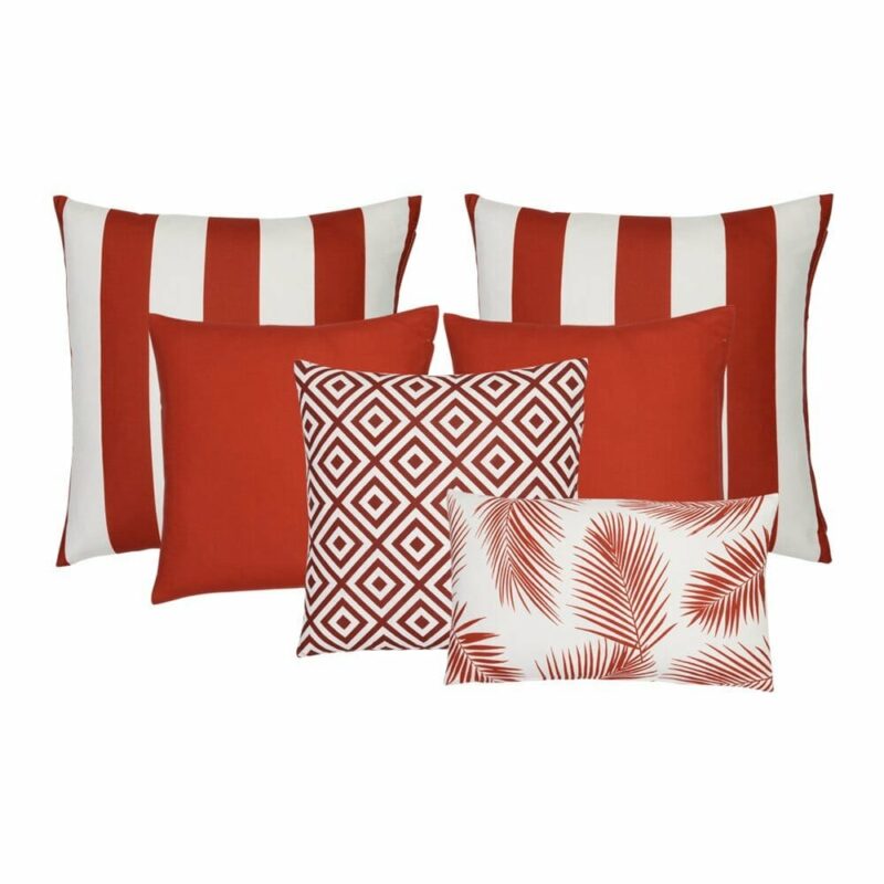 Otama Red 6 Outdoor Cushion Cover Collection - COL939 A set of 6 outdoor cushions in red colours and striped, plain, geometric and botanical designs.