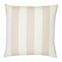 A large outdoor cushion that has a beige striped pattern and is UV resistant and waterproof.