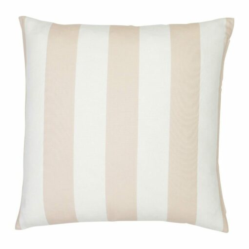 A large outdoor cushion that has a beige striped pattern and is UV resistant and waterproof.