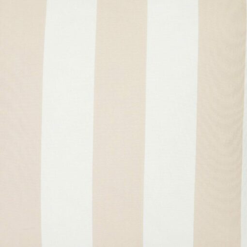 A close up view of a large outdoor cushion that has a beige striped pattern and is UV resistant and waterproof.