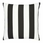 A large outdoor cushion that has a black and white striped pattern and is UV resistant and waterproof.