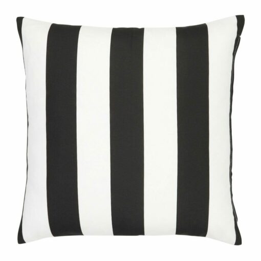 A large outdoor cushion that has a black and white striped pattern and is UV resistant and waterproof.