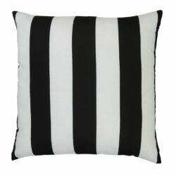 A top down view of an outdoor floor cushion that is black and white in colour and has stripes on one side and a plain colour on the other.