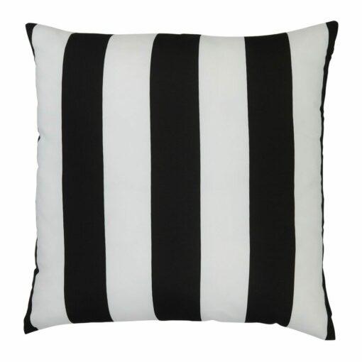 A top down view of an outdoor floor cushion that is black and white in colour and has stripes on one side and a plain colour on the other.