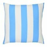 A large outdoor cushion that has a blue striped pattern and is UV resistant and waterproof.