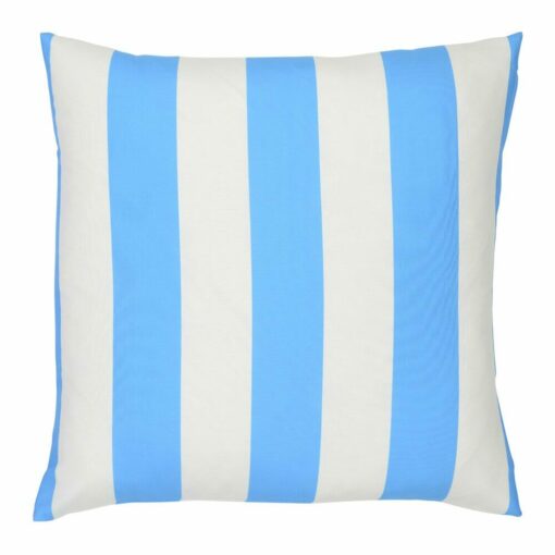 A large outdoor cushion that has a blue striped pattern and is UV resistant and waterproof.