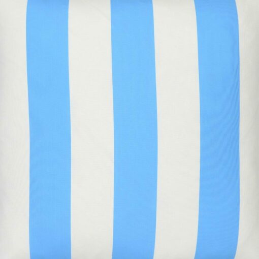 A close up view of a large outdoor cushion that has a blue striped pattern and is UV resistant and waterproof.