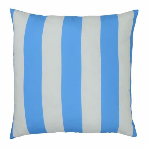 A top down view of an outdoor floor cushion that is blue in colour and has stripes on one side and a plain colour on the other.