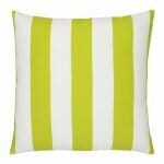 A large outdoor cushion that has a green striped pattern and is UV resistant and waterproof.
