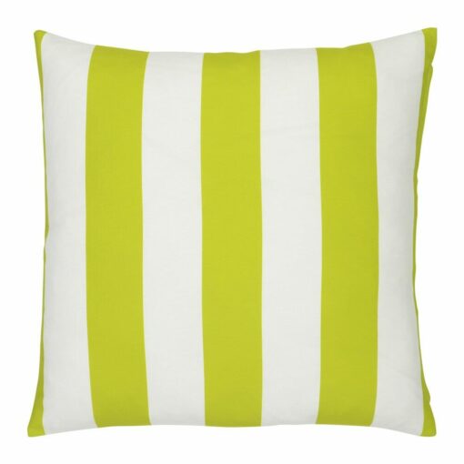 A large outdoor cushion that has a green striped pattern and is UV resistant and waterproof.