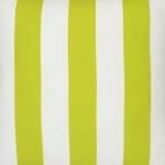 A close up view of a large outdoor cushion that has a green striped pattern and is UV resistant and waterproof.