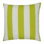 A top down view of an outdoor floor cushion that is green in colour and has stripes on one side and a plain colour on the other.