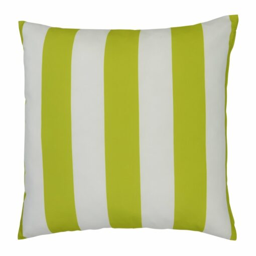 A top down view of an outdoor floor cushion that is green in colour and has stripes on one side and a plain colour on the other.