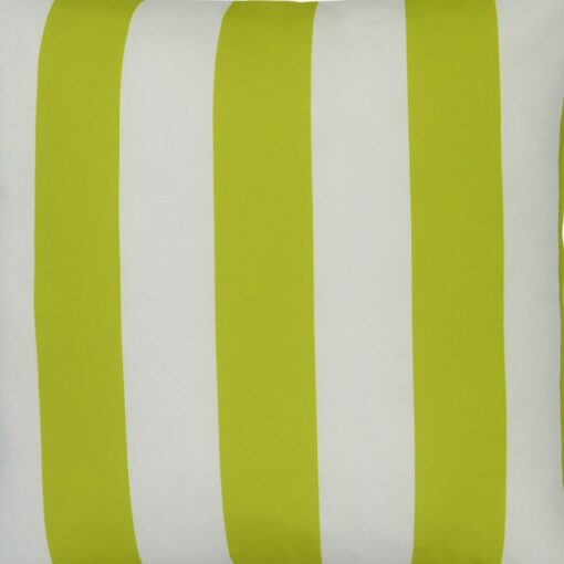 A close up view of an outdoor floor cushion that is green in colour and has stripes on one side and a plain colour on the other.