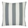 A large outdoor cushion that has a grey striped pattern and is UV resistant and waterproof.