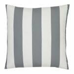 A large outdoor cushion that has a grey striped pattern and is UV resistant and waterproof.