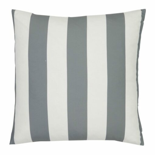 A large outdoor cushion that has a grey striped pattern and is UV resistant and waterproof.