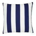 A large outdoor cushion that has a navy striped pattern and is UV resistant and waterproof.