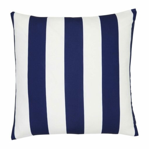 A large outdoor cushion that has a navy striped pattern and is UV resistant and waterproof.