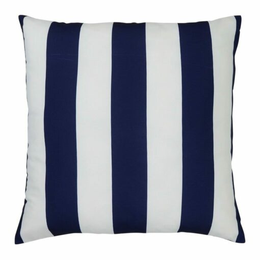 A top down view of an outdoor floor cushion that is navy in colour and has stripes on one side and a plain colour on the other.