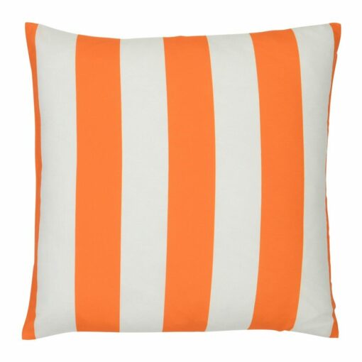 A large outdoor cushion that has a orange striped pattern and is UV resistant and waterproof.