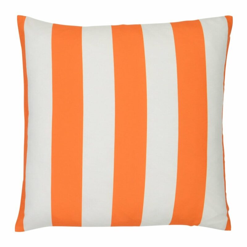 A large outdoor cushion that has a orange striped pattern and is UV resistant and waterproof.
