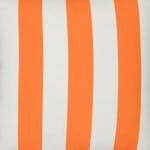 A close up view of a large outdoor cushion that has a orange striped pattern and is UV resistant and waterproof.