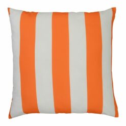 A top view of an outdoor floor cushion that is orange in colour and has stripes on one side and a plain colour on the other.