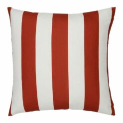 A large outdoor cushion that has a red striped pattern and is UV resistant and waterproof.