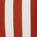 A close up view of a large outdoor cushion that has a red striped pattern and is UV resistant and waterproof.