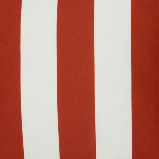 A close up view of a large outdoor cushion that has a red striped pattern and is UV resistant and waterproof.