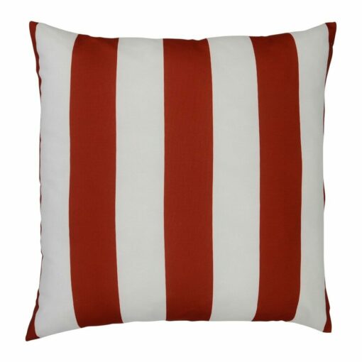 A top down view of an outdoor floor cushion that is red in colour and has stripes on one side and a plain colour on the other.