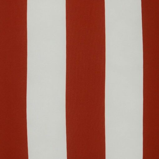 A close up view of an outdoor floor cushion that is red in colour and has stripes on one side and a plain colour on the other.
