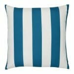 A large outdoor cushion that has a teal striped pattern and is UV resistant and waterproof.